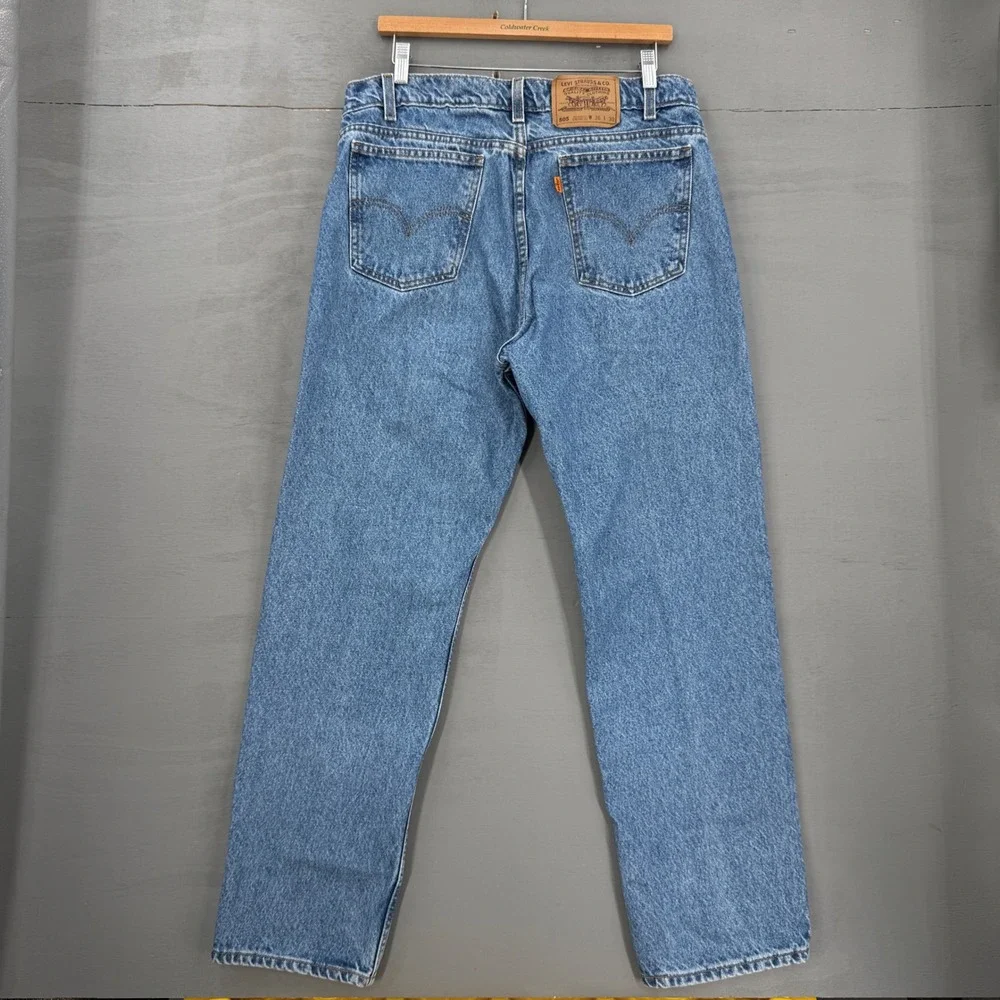 Vintage Levi's 505 Regular Fit Straight Leg Jeans Blue Faded Orange Tab 34 x 30